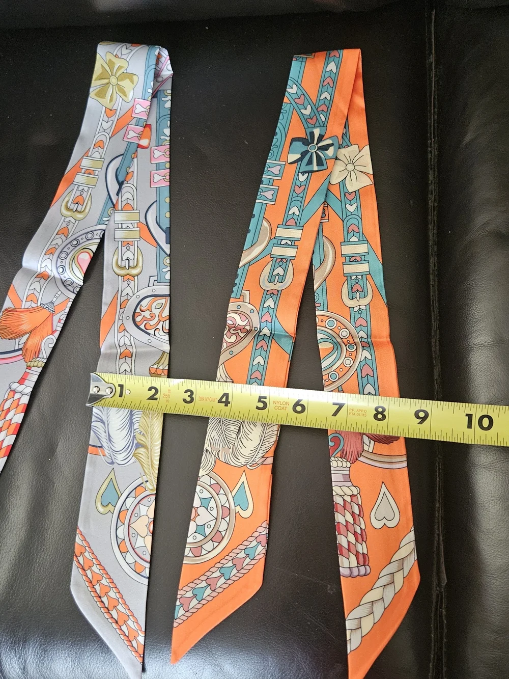 Hermes Like Orange and Gray Twilly  Scarf, Head And Bag  Accessories. Set Of 2.
